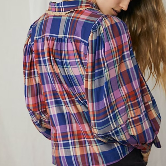 Free People Bexley Balloon Sleeve Plaid Top Relaxed Oversize Fit XS Button Front - Picture 12 of 16